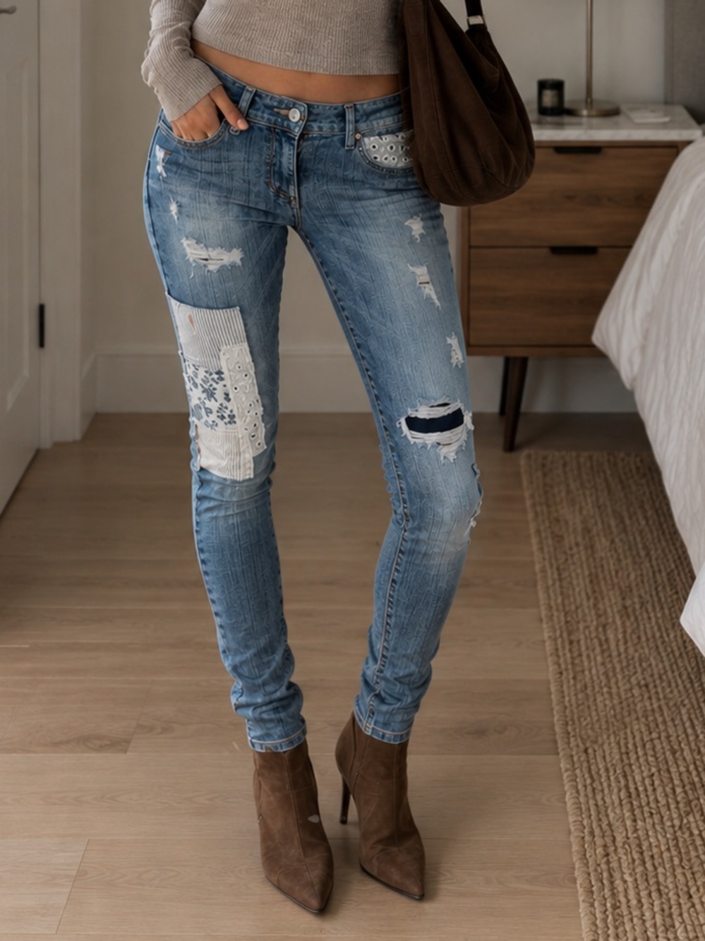 Guess Skinny Mid Rise Distressed Patchwork Jeans – Blue Wash – Size S